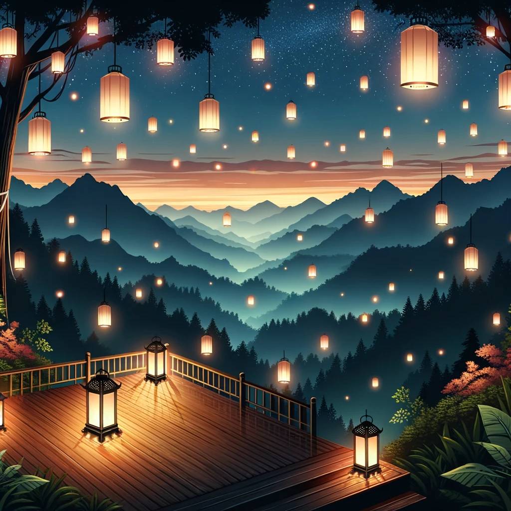 30. Mountainside Floating Lanterns